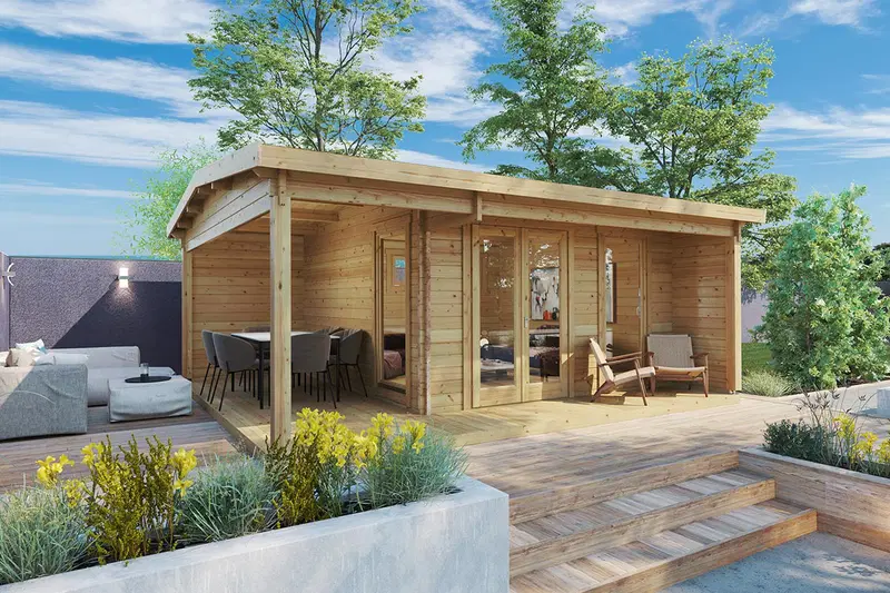 Timmerhus med veranda “Garden Studio XL” 15m² / 6 x 5 m / 44mm