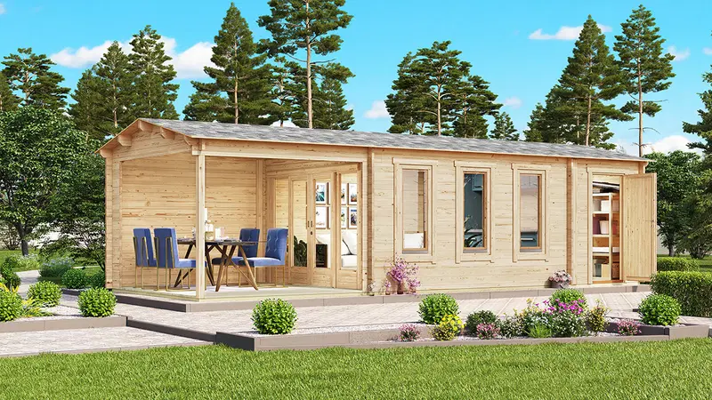 Sommarhus med terrass och förråd “Super Eva E” 12m² / 3 x 9 m / 44mm