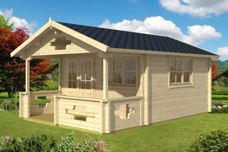 Timmerstuga med veranda “Sommerland A” 14m² / 6 x 4 m / 70mm