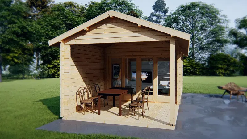Attefallshus med terrass “Eva E” 12m² / 3 x 7 m / 44mm