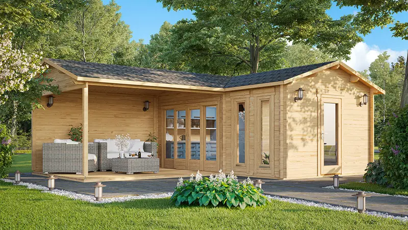 Timmerstuga med Veranda “Hansa Corner B” 18m² / 6 x 3 m / 44mm
