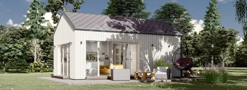 Attefallshus med loft ALMA (Isolerad, 44 mm + fasadbeklädnad), 7,1x4,1m, 24 m² + 10 m² loft