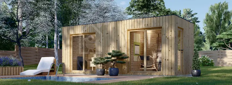 Bastuhus med relax och duschrum DELLA (34 mm + fasadbeklädnad), 6,1x2,6 m, 12,5 m²