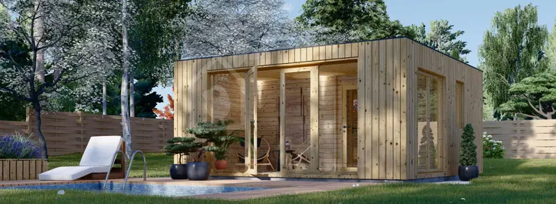 Bastuhus med relax och duschrum DELLA (34 mm + fasadbeklädnad), 5,1 x 5,1 m, 22 m²