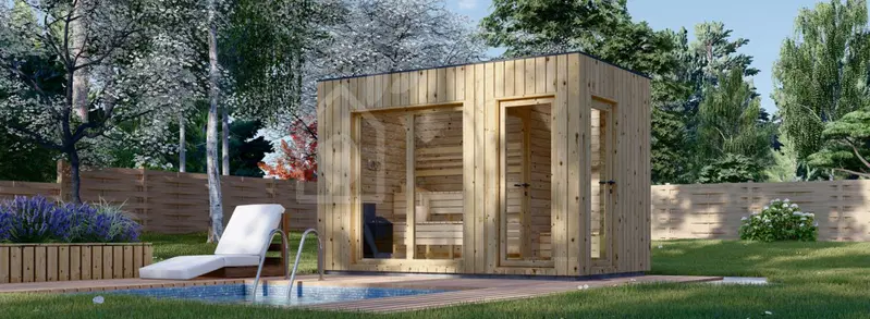 Bastuhus med omklädningsrum DELLA (34 mm + fasadbeklädnad), 3,6 x 2,1 m, 5,5 m²
