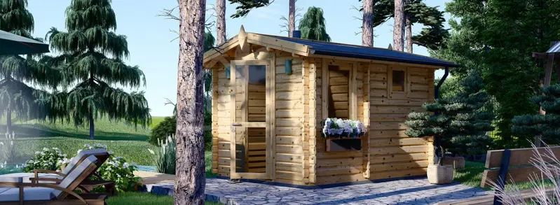Bastustuga med omklädningsrum ELDA (44 mm), 2,5x3,2 m, 8 m²