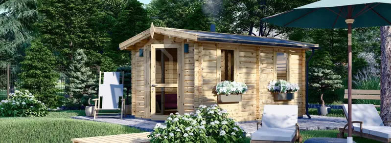 Bastustuga med relax och duschrum ELDA (44 mm), 3x4 m, 12 m²