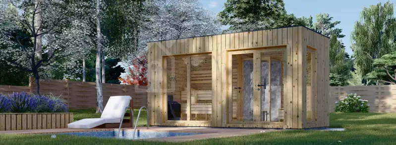 Bastuhus med omklädningsrum DELLA (34 mm + fasadbeklädnad), 4,6 x 2,1 m, 7,2 m²