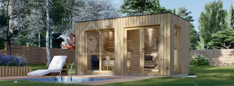 Bastuhus med omklädningsrum DELLA (34 mm + fasadbeklädnad), 4,6 x 2,6 m, 9,3 m²