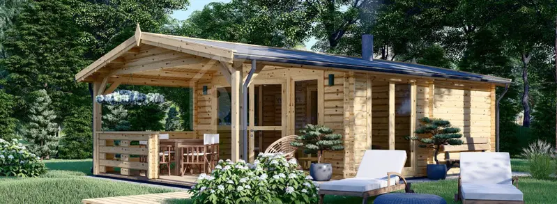 Bastustuga med relax och duschrum ELDA (44 mm), 5x7.5 m, 25 m² (4 rum), altan 12 m²