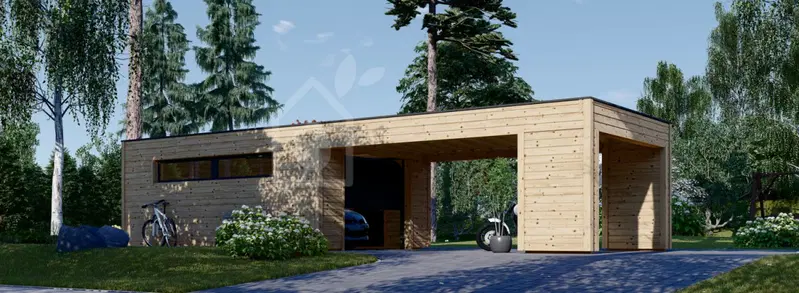 Enkelgarage SILVIA F (34 mm + fasadbeklädnad), 4x6 m, i direkt anslutning med carport 4x6 m
