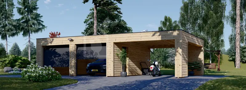 Dubbelgarage SILVIA F (34 mm + fasadbeklädnad), 6x6 m, med carport 4x6 m
