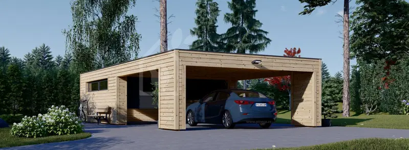 Dubbelgarage SILVIA F (34 mm + fasadbeklädnad), 6x6 m, i direkt anslutning med carport 6x6 m