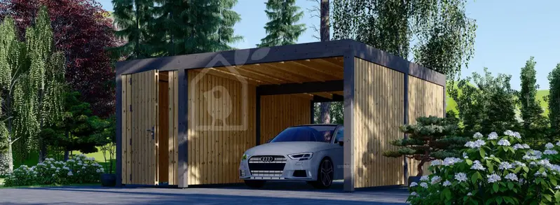 Enkel carport i trä LUNA F PLUS med förråd och sidopanel, 4,9x5,6 m Snabb leverans Sista i lager