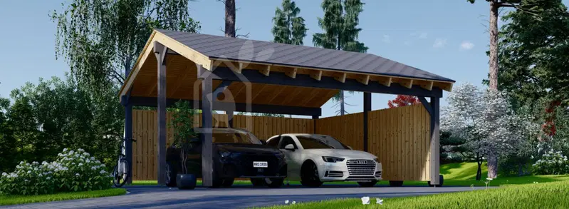 Dubbel carport i trä LUNA DUO med L-formad sidopanel 6x6 m