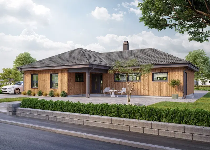 Rymligt enplanshus i bungalowstil med industriell touch