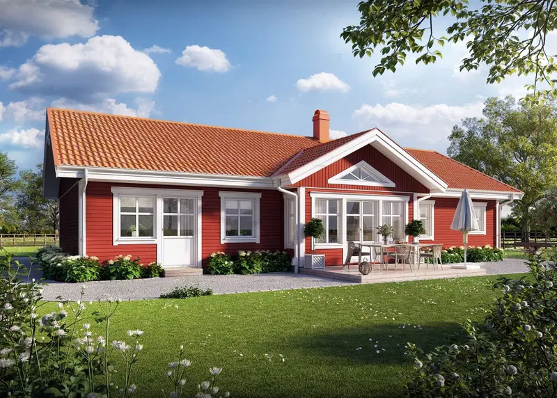 Lantligt enplanshus med inbjudande veranda
